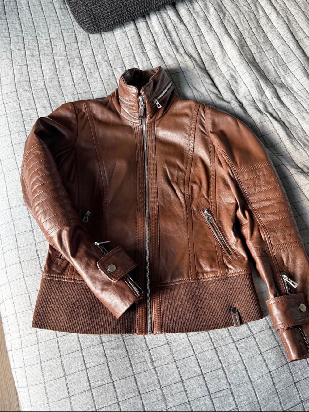 RUDSAK Brown Leather Zip Front Bomber Jacket